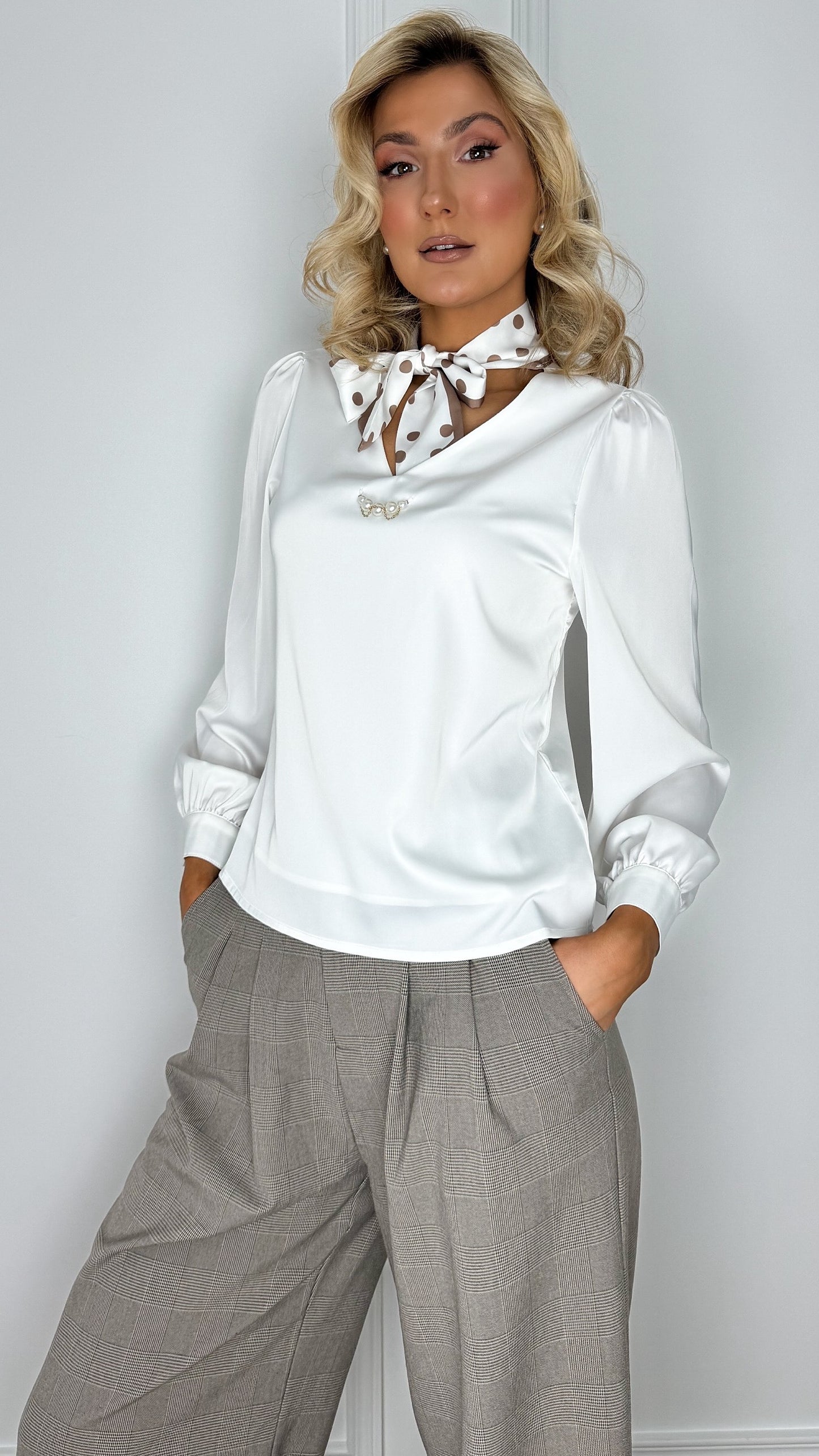 Jenny Satin White Blouse with Polka Dot Bow Tie and Pearls Details