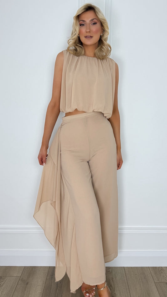 Evelyn Side Ruffle Wide Leg Trousers - Taupe