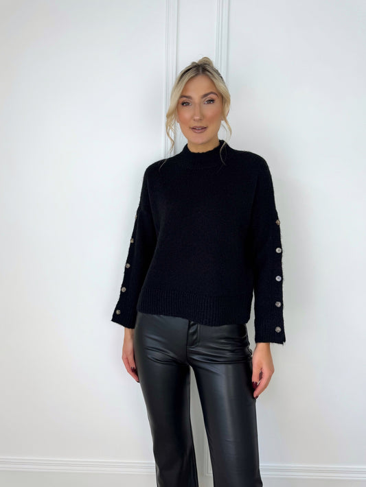 Round Neck Knit Jumper with Buttoned Sleeve - Black
