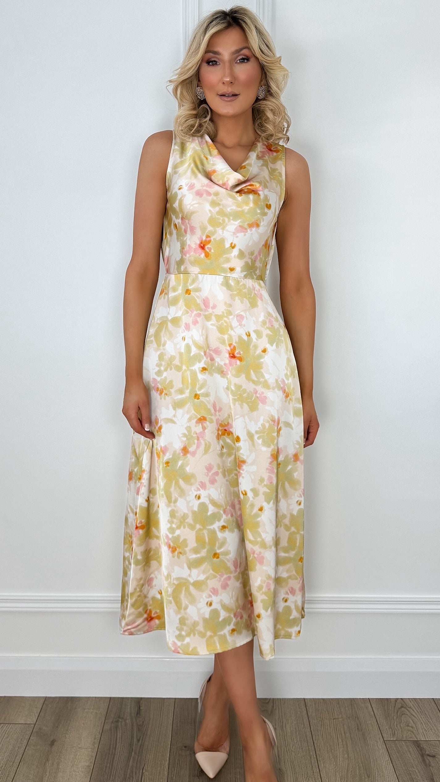 Amy Draped Neck Floral Midi Dress