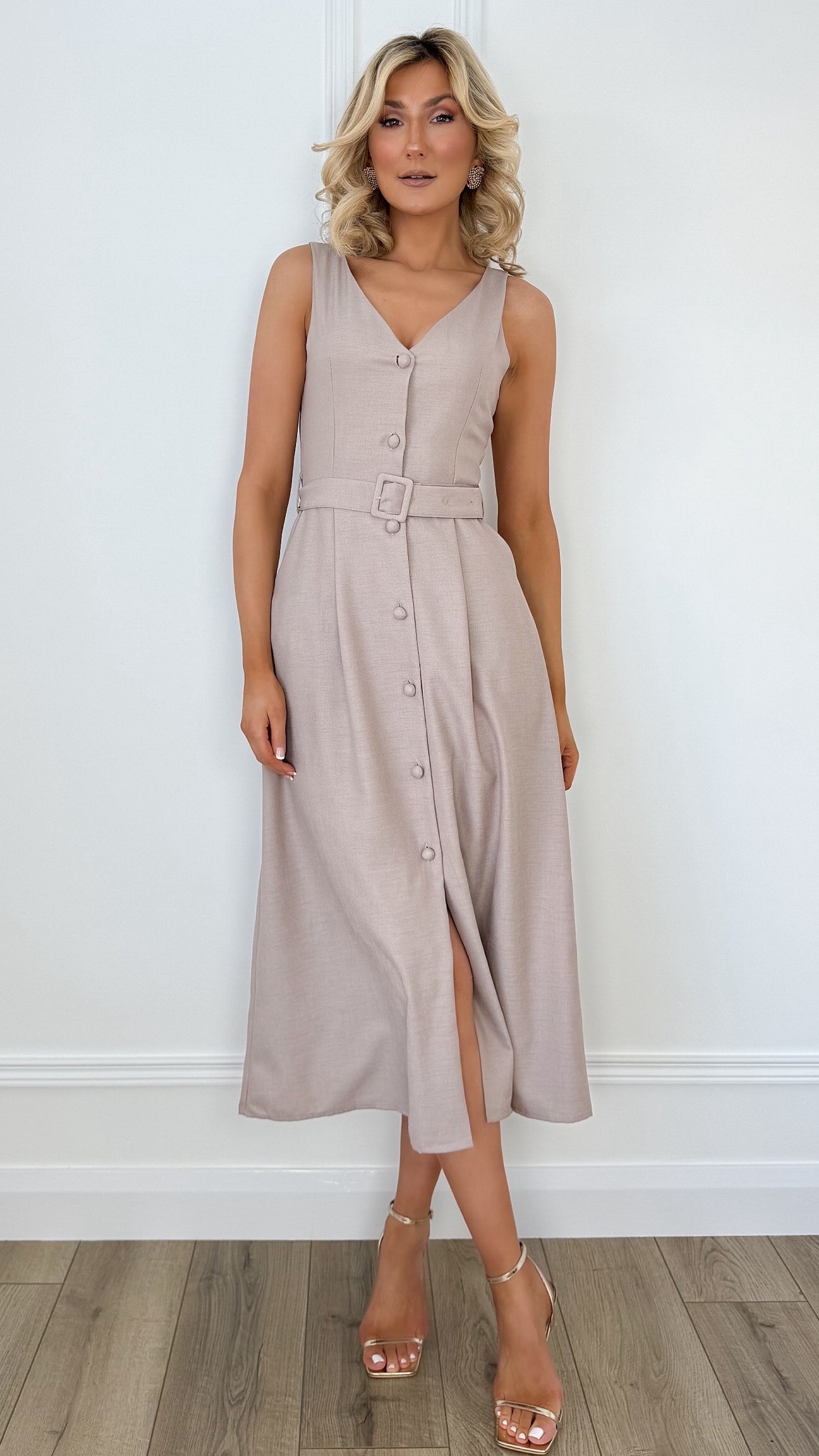 Buttoned Midi Dress with Belt - Taupe