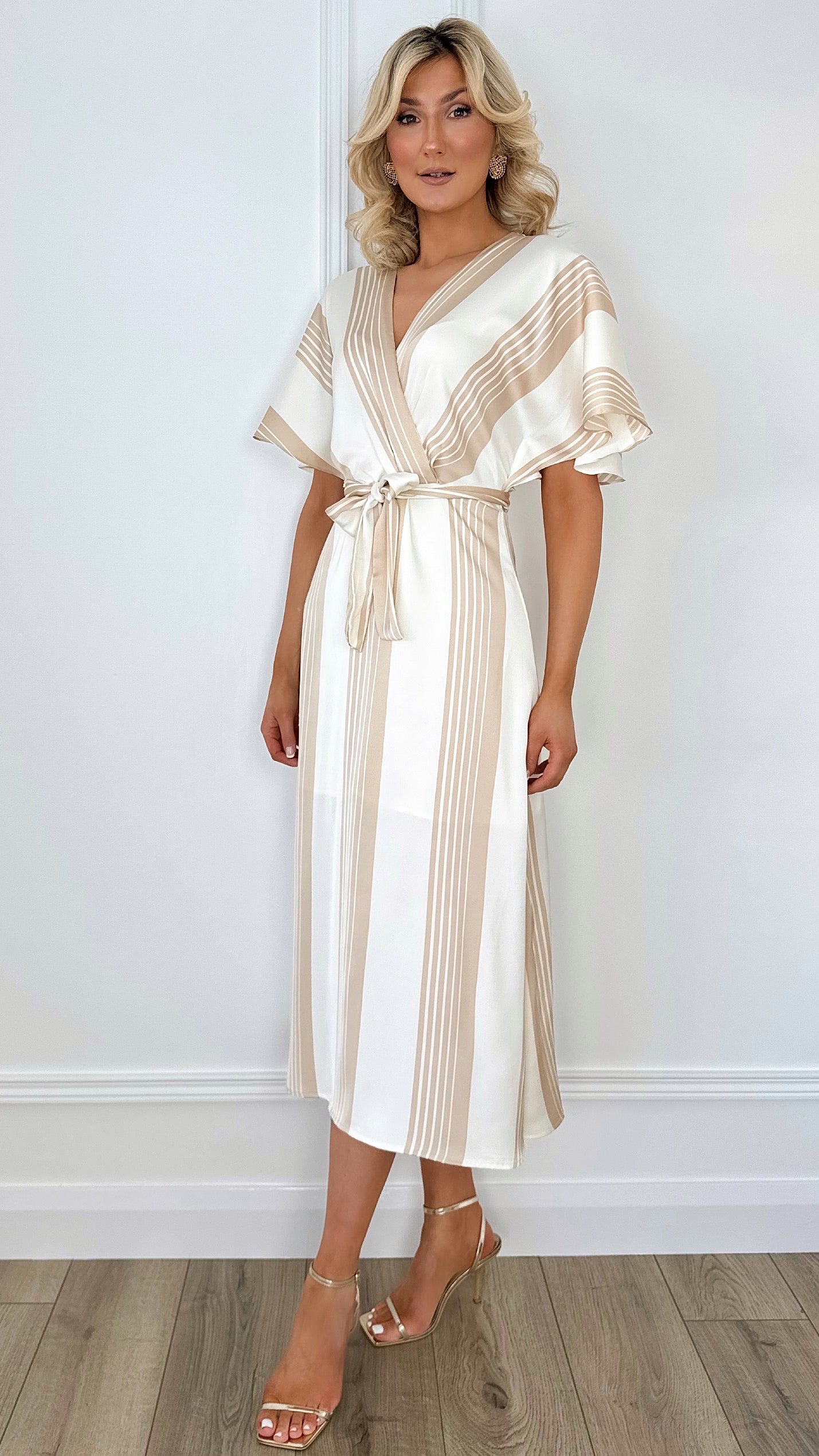 Vivian Striped Midi Dress - Beige and White