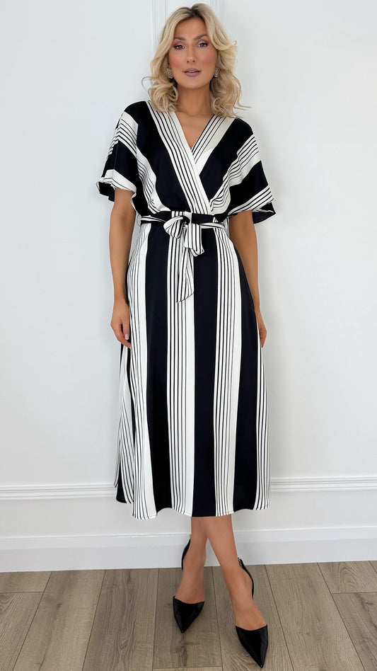 Vivian Striped Midi Dress - Black and White