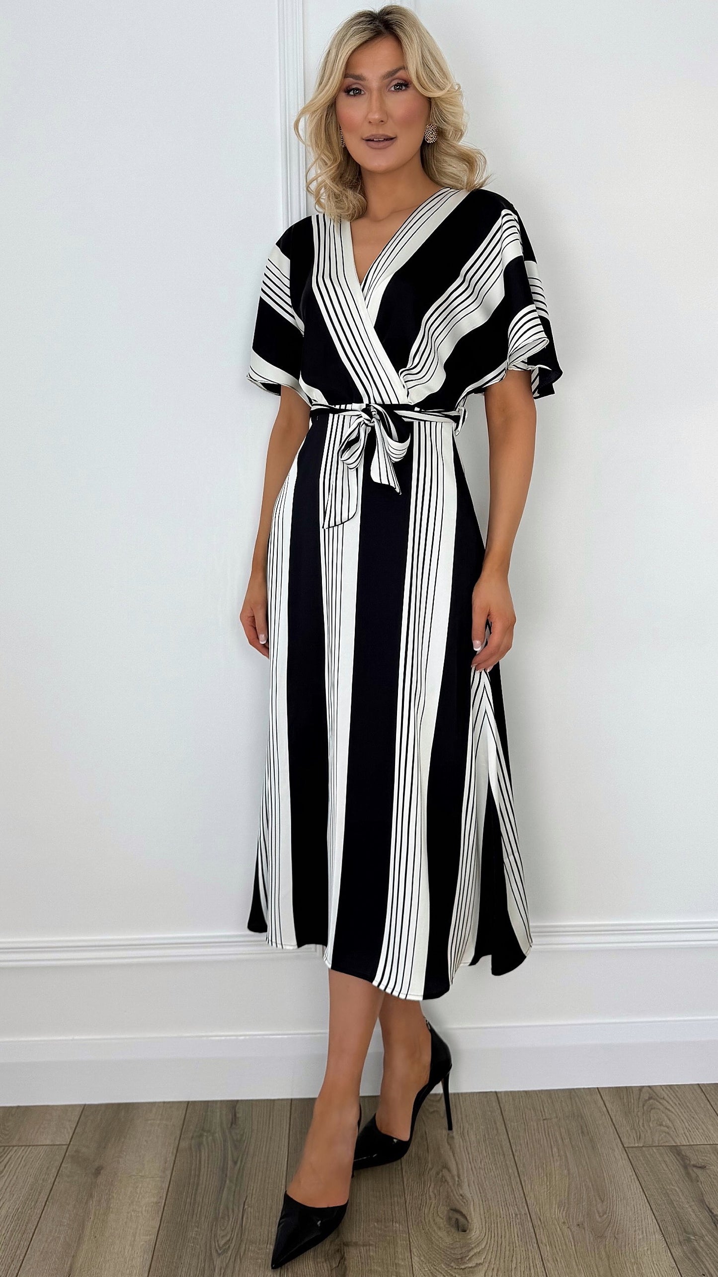 Vivian Striped Midi Dress - Black and White