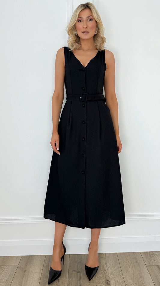Buttoned Midi Dress with Belt - Black