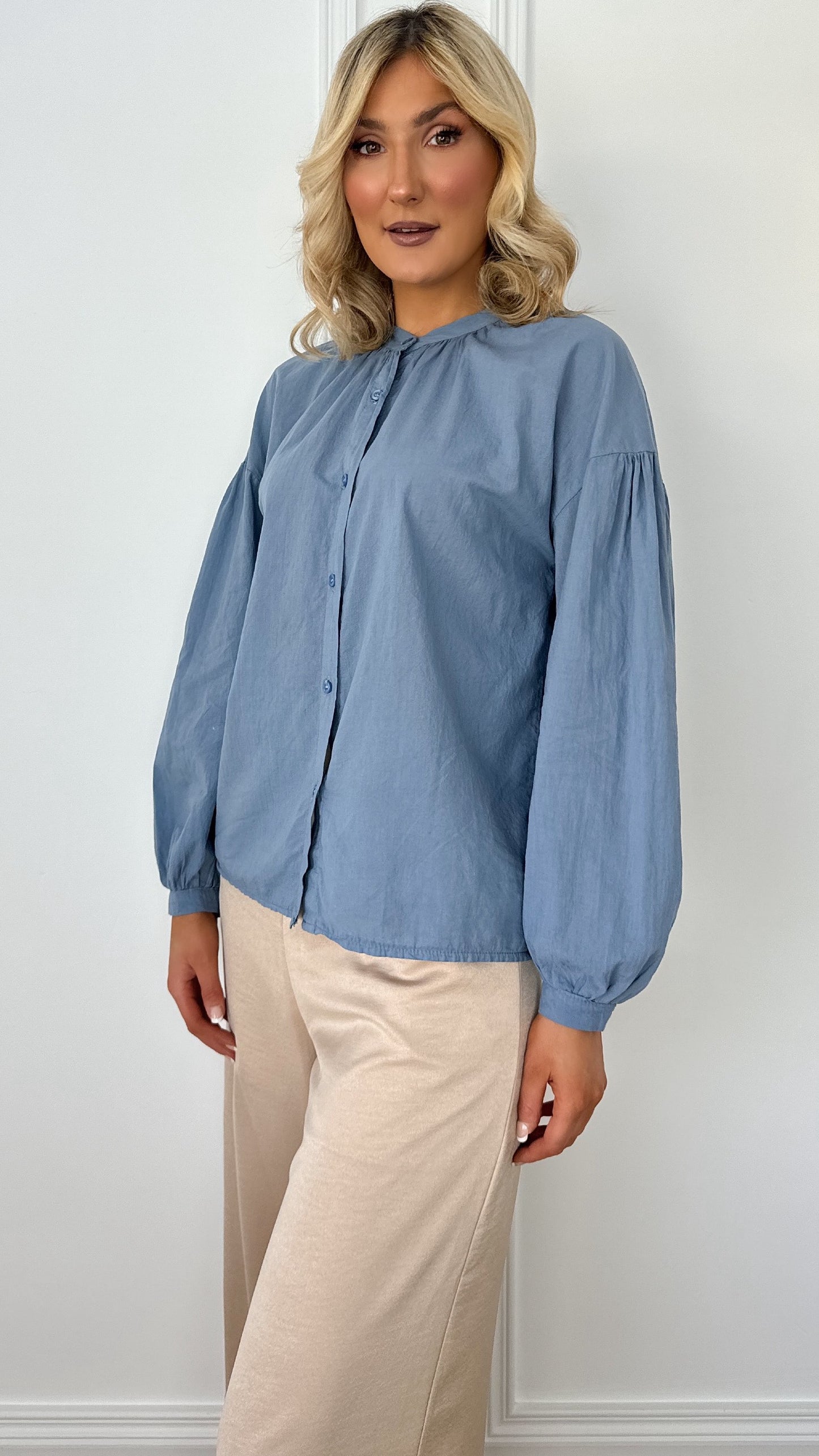 Vivi Shirt with Balloon Sleeves - Old Blue