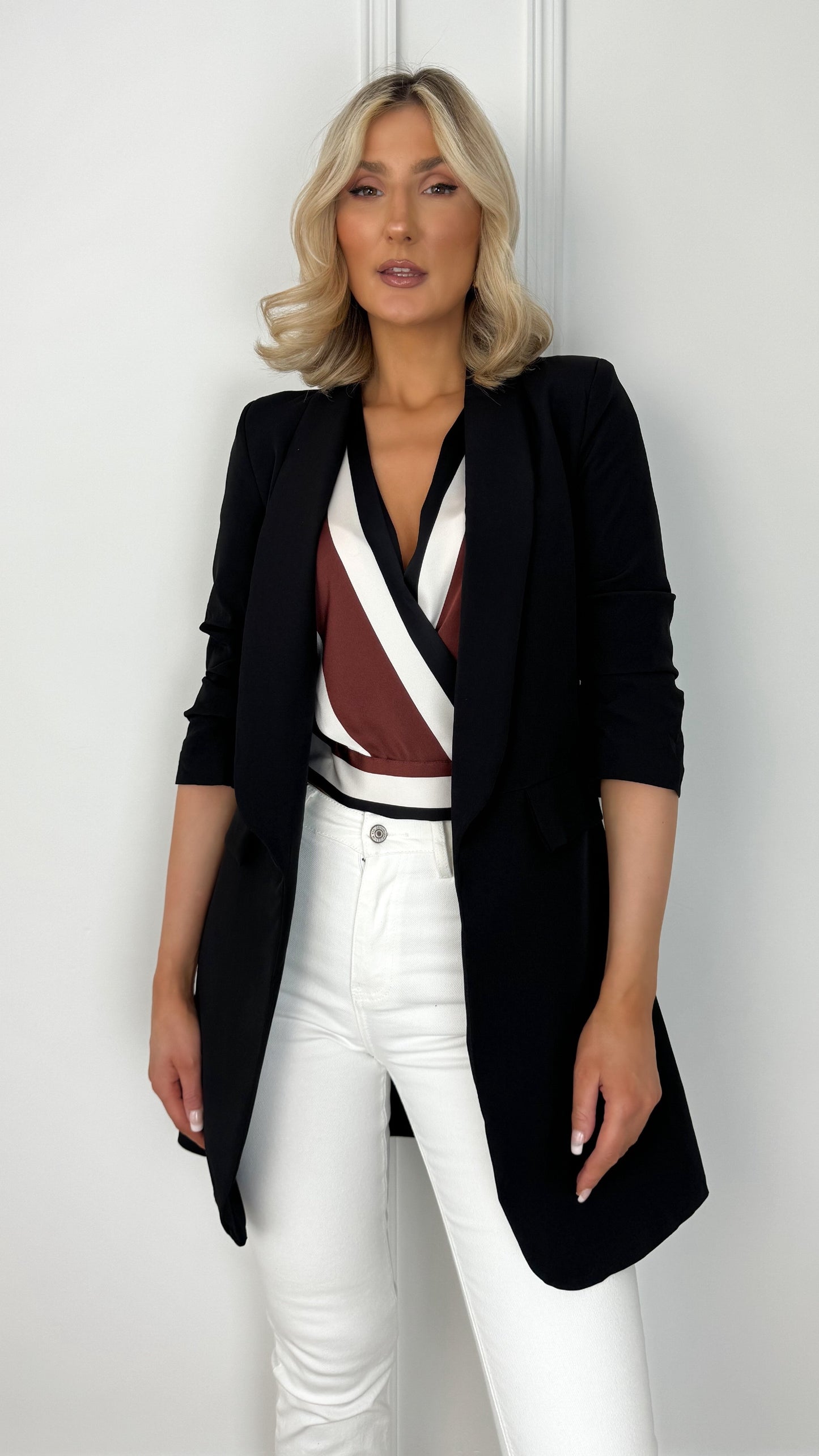 Annie  Longline Blazer with Ruched Sleeves - Black