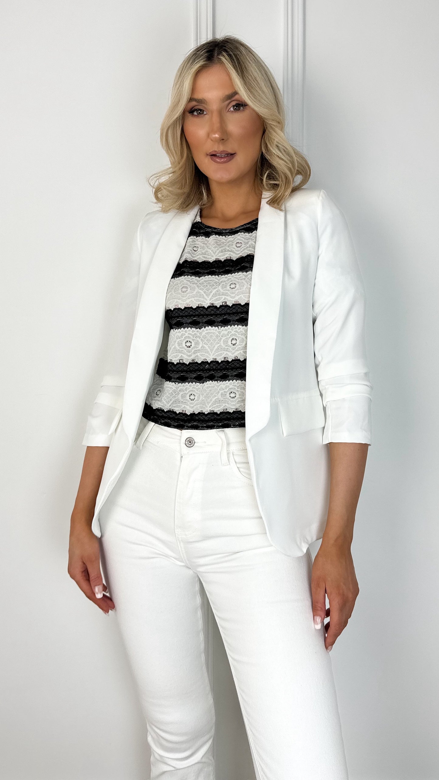 Sinead Slim Open Blazer with Ruched Sleeves - White