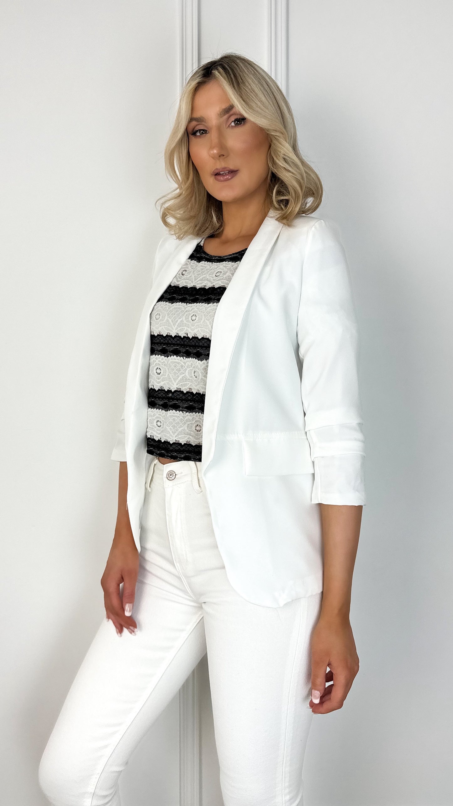 Sinead Slim Open Blazer with Ruched Sleeves - White