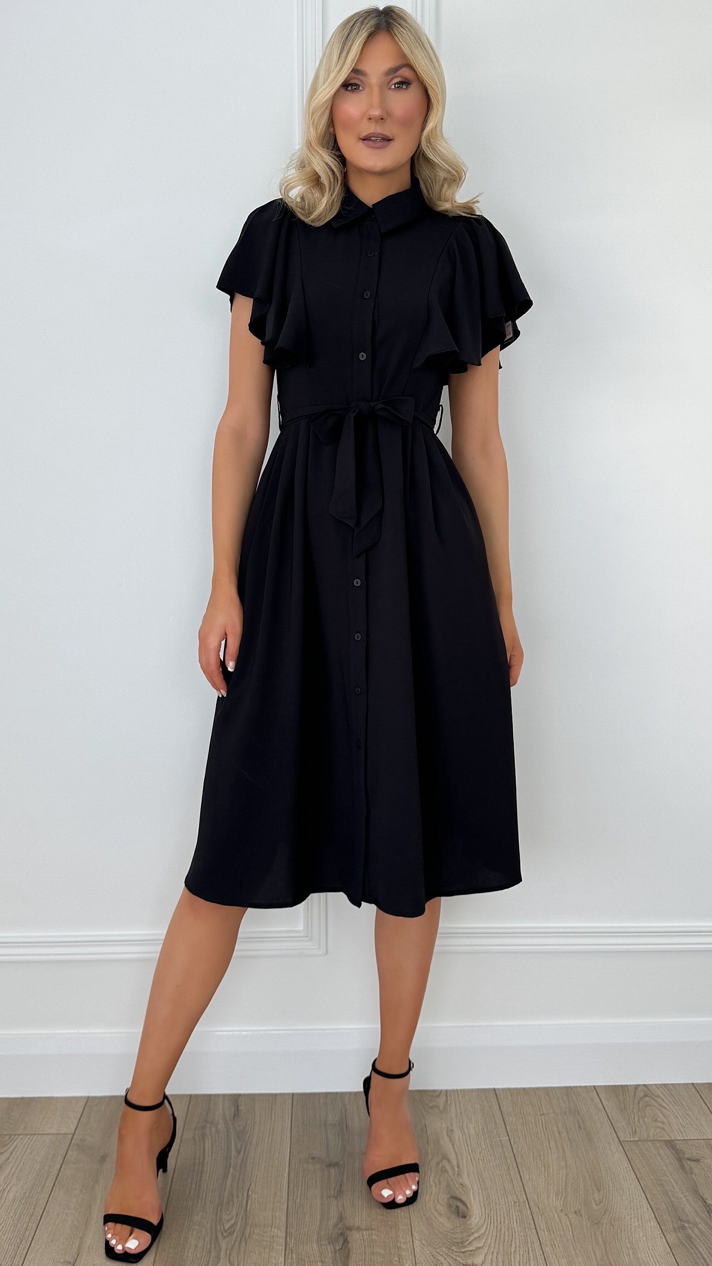 Ruffle Short Sleeve Shirt Dress - Black