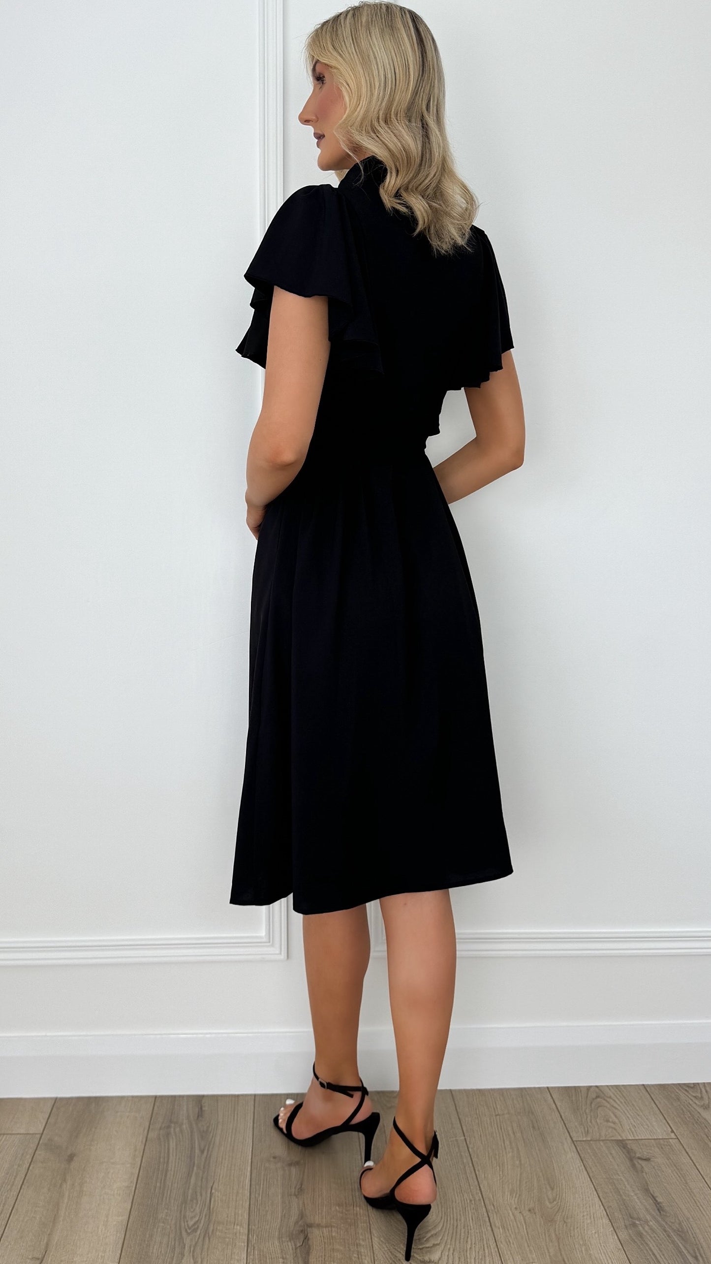 Ruffle Short Sleeve Shirt Dress - Black