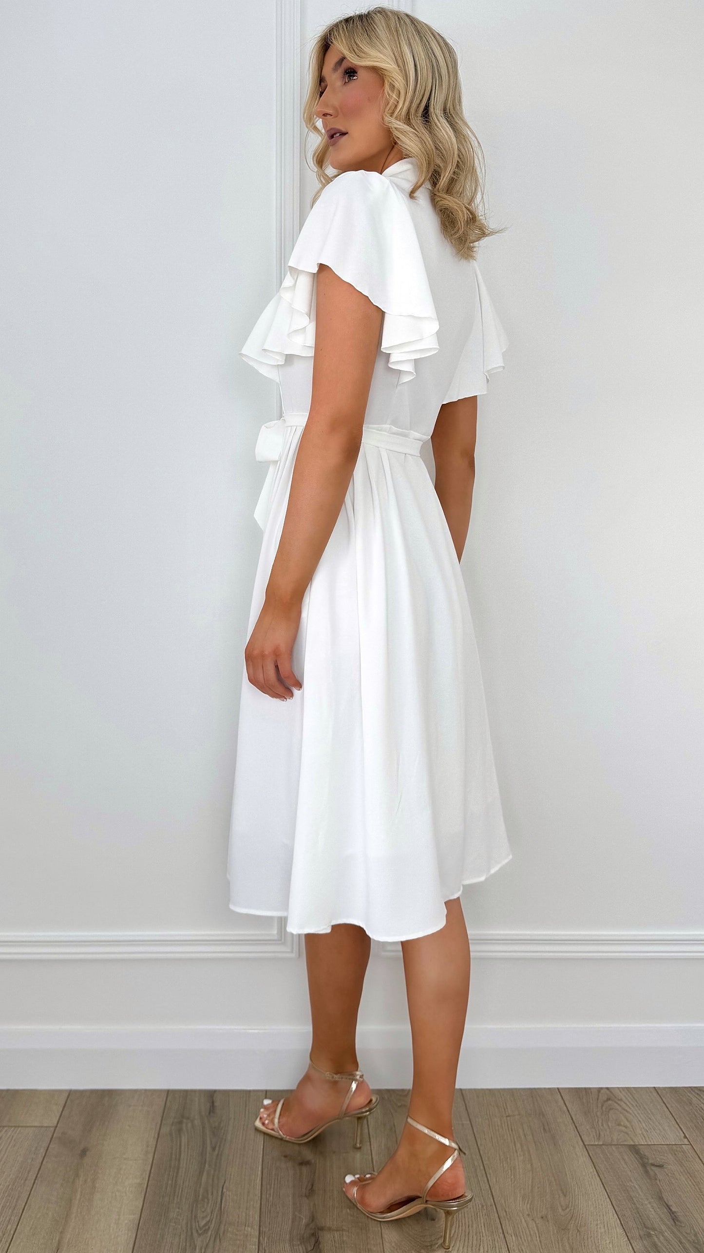 Ruffle Short Sleeve Shirt Dress - White