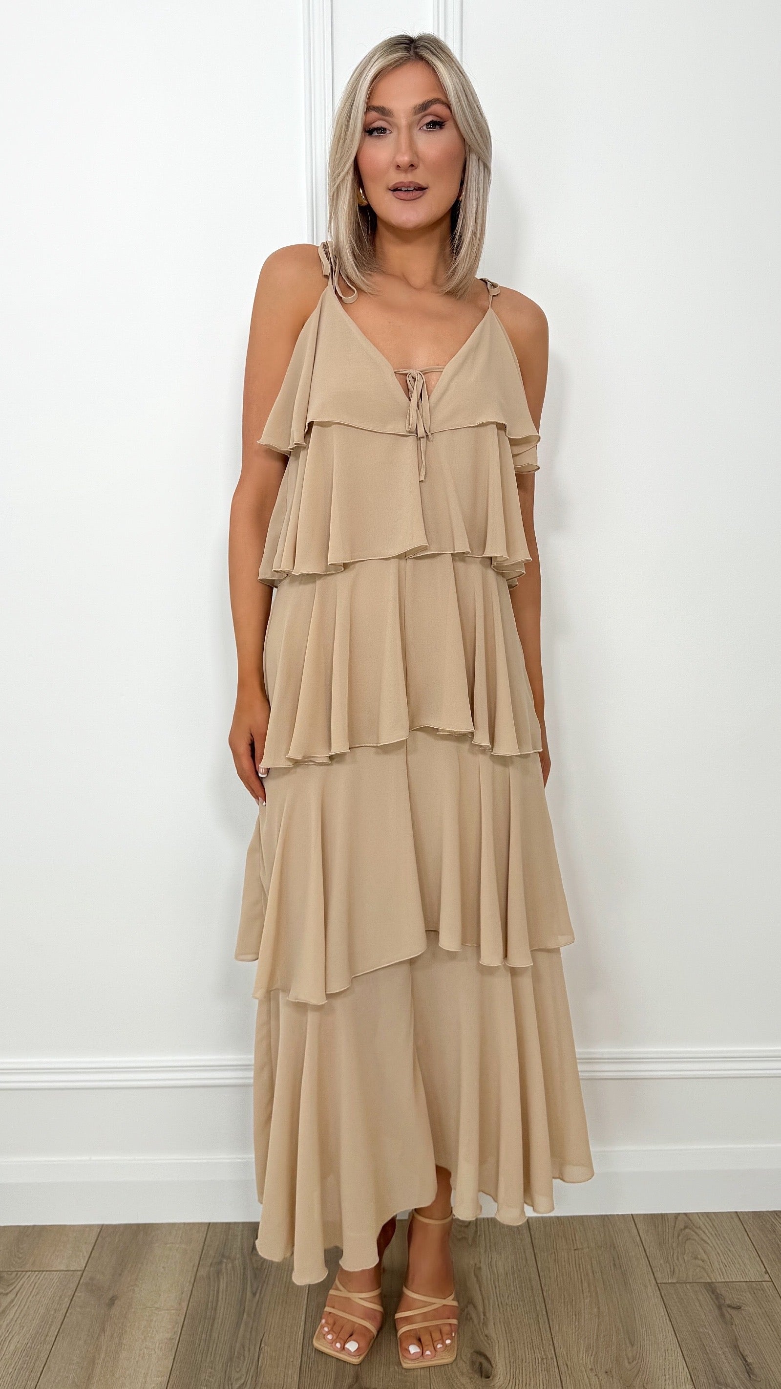 Rita Multi Layered Ruffle Dress - Taupe – Ontrendeu