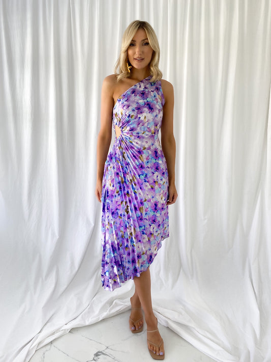 Margaret One Shoulder Draped Floral Dress - Purple and Blue