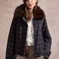 Bella Check Bomber Jacket with Faux Fur Lapel - Navy