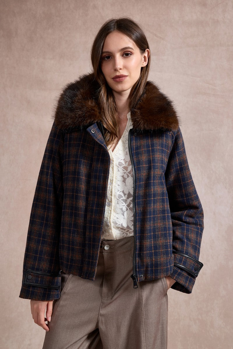 Bella Check Bomber Jacket with Faux Fur Lapel - Navy