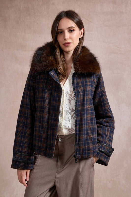 Bella Check Bomber Jacket with Faux Fur Lapel - Navy