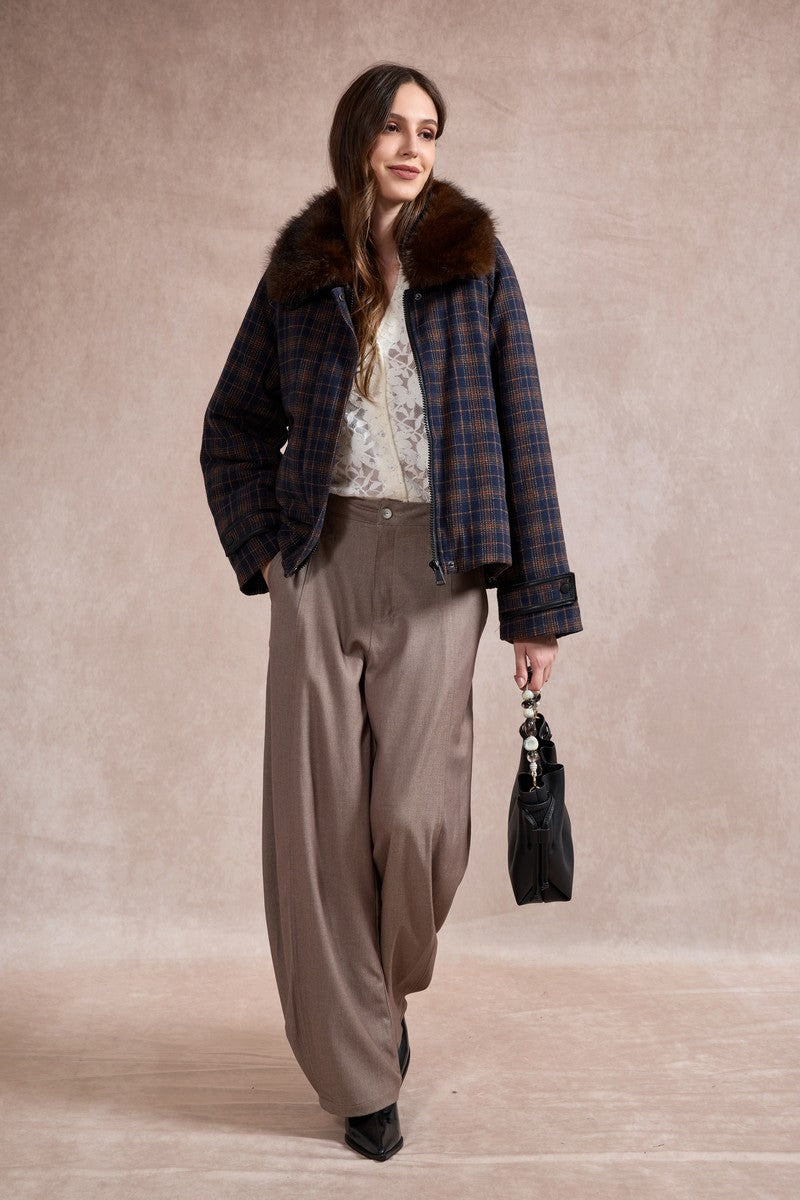 Bella Check Bomber Jacket with Faux Fur Lapel - Navy