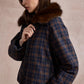 Bella Check Bomber Jacket with Faux Fur Lapel - Navy