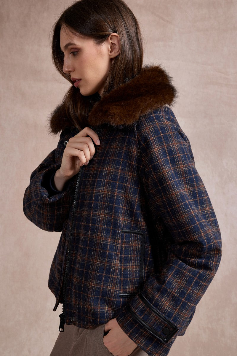Bella Check Bomber Jacket with Faux Fur Lapel - Navy