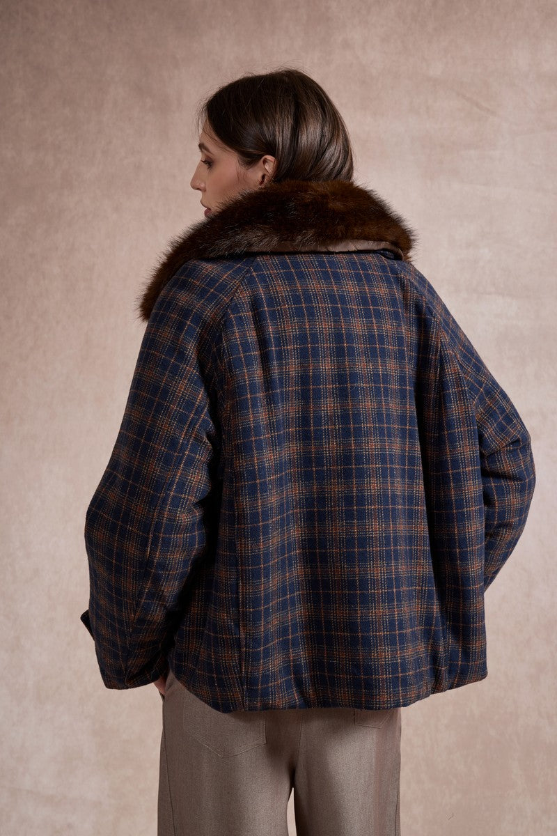 Bella Check Bomber Jacket with Faux Fur Lapel - Navy