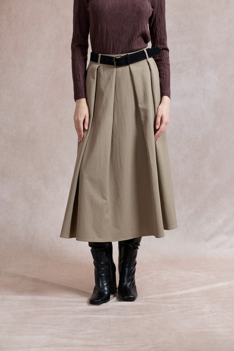 Ciara Flared Belted Midi Skirt - Light Khaki