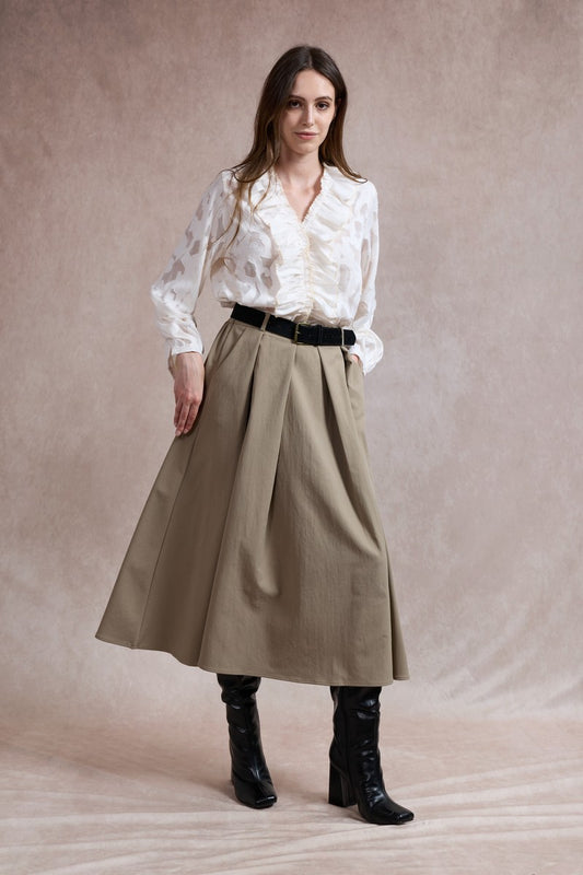 Ciara Flared Belted Midi Skirt - Light Khaki