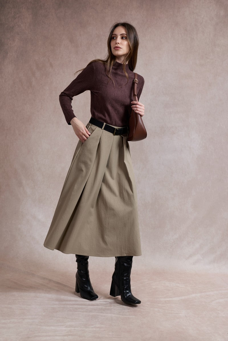 Ciara Flared Belted Midi Skirt - Light Khaki