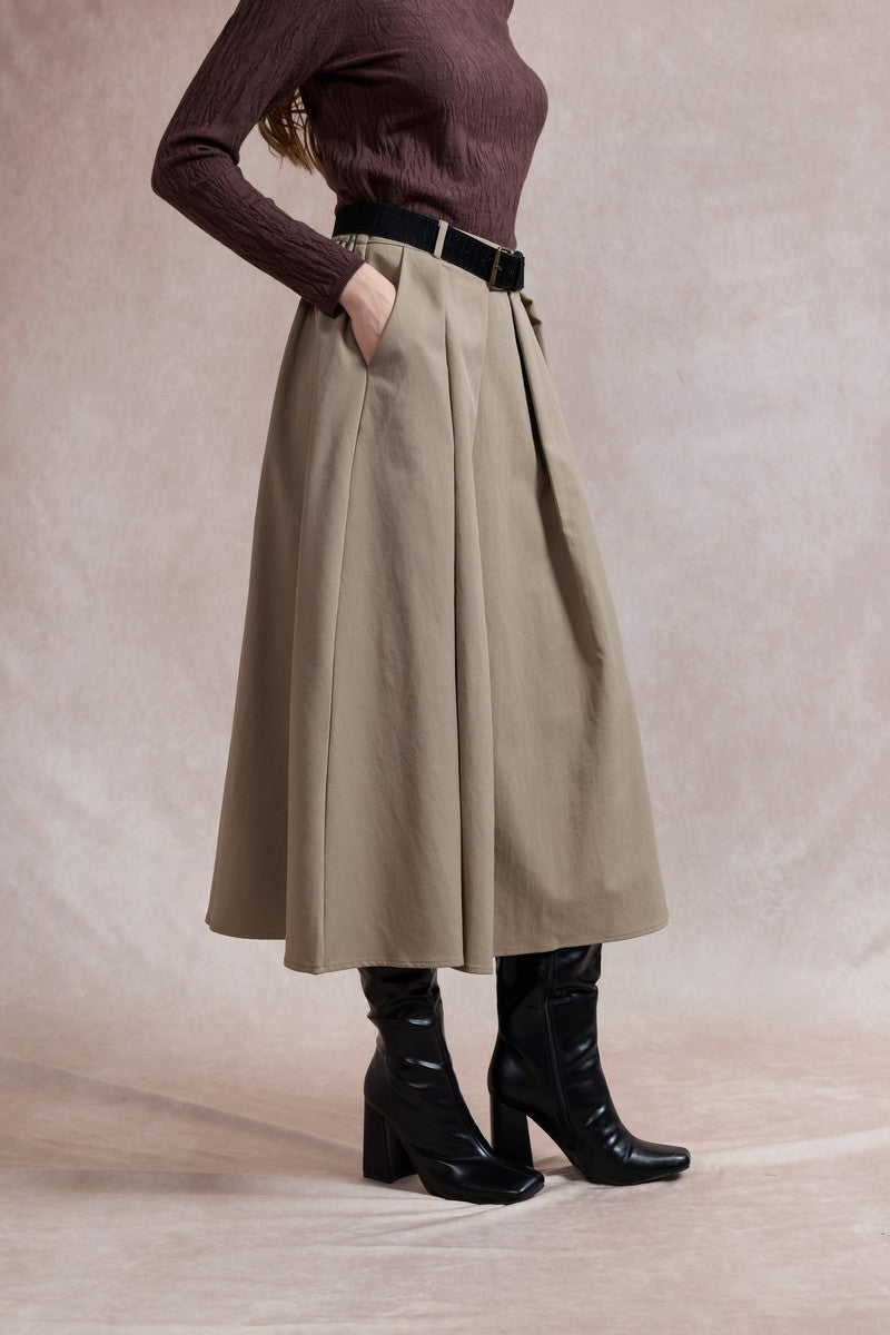 Ciara Flared Belted Midi Skirt - Light Khaki