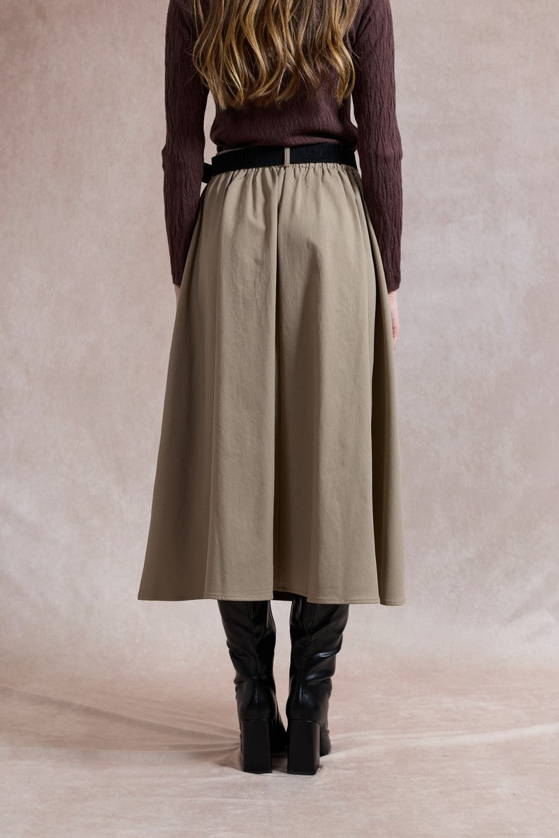 Ciara Flared Belted Midi Skirt - Light Khaki