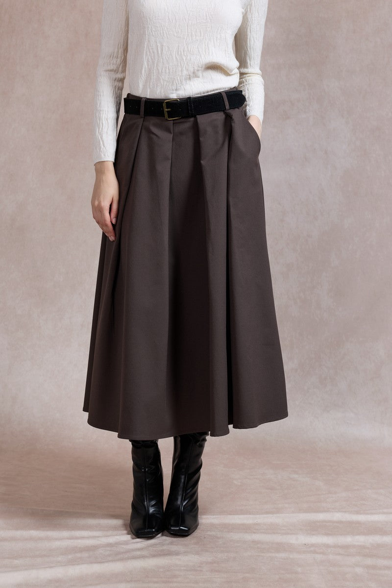 Ciara Flared Belted Midi Skirt - Chocolate Brown