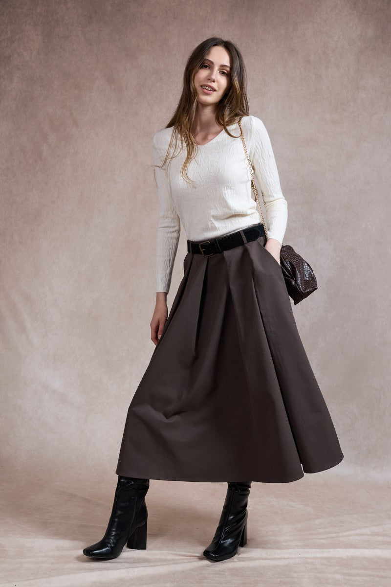 Ciara Flared Belted Midi Skirt - Chocolate Brown