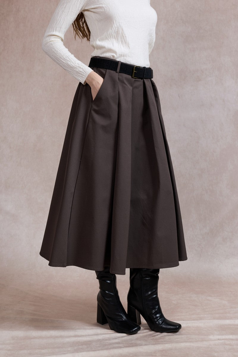 Ciara Flared Belted Midi Skirt - Chocolate Brown
