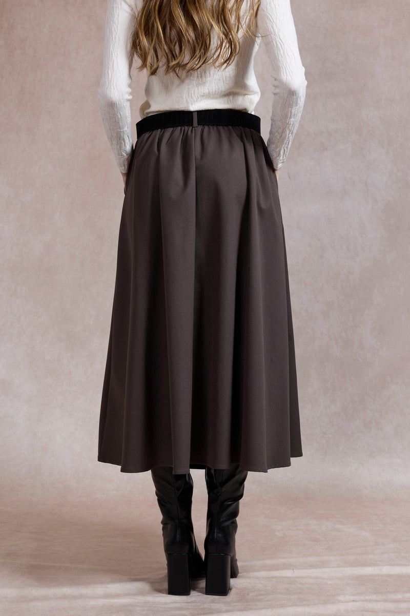 Ciara Flared Belted Midi Skirt - Chocolate Brown