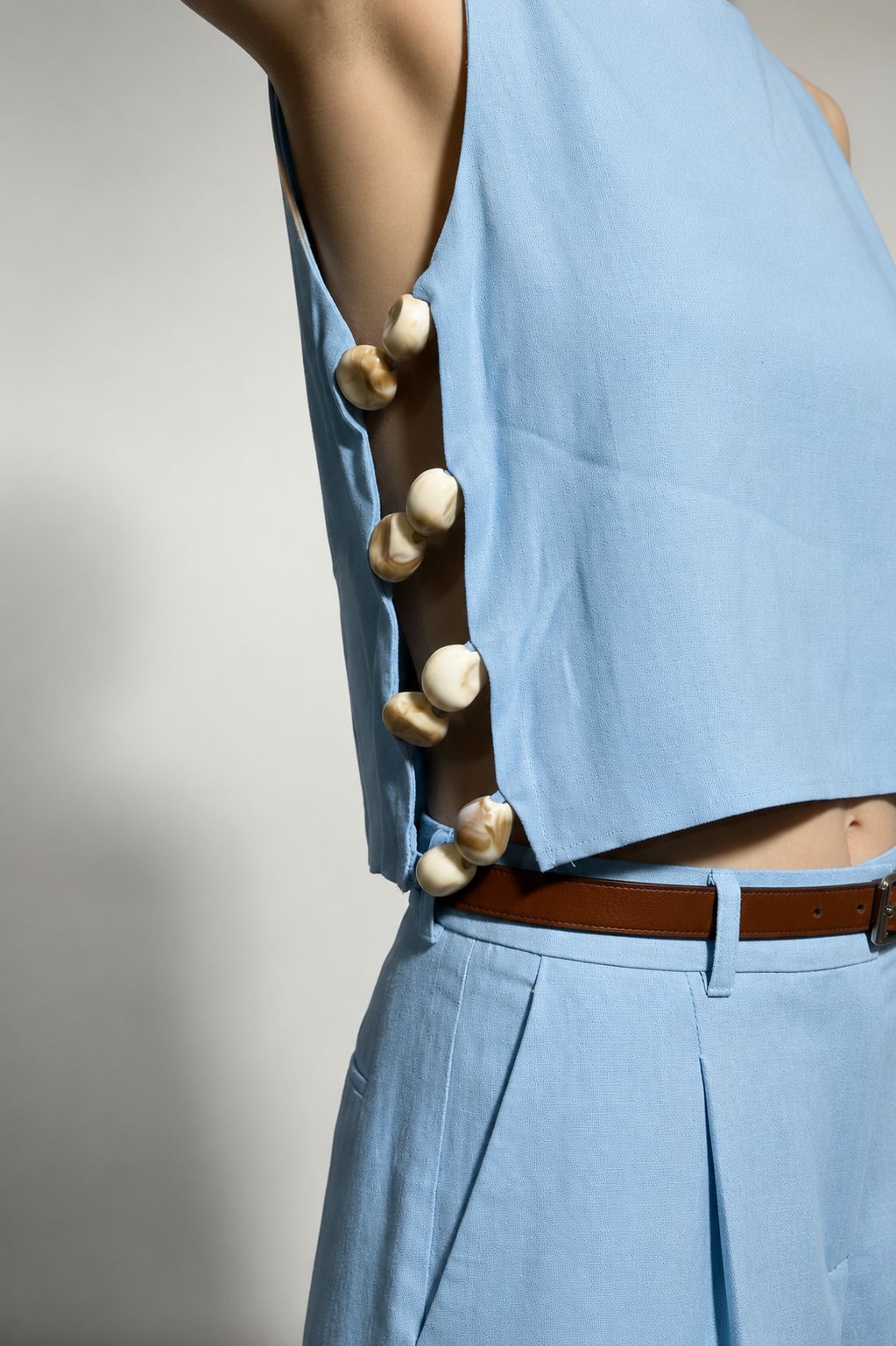Alice Side Slit Top With Stones Pattern - Light Blue