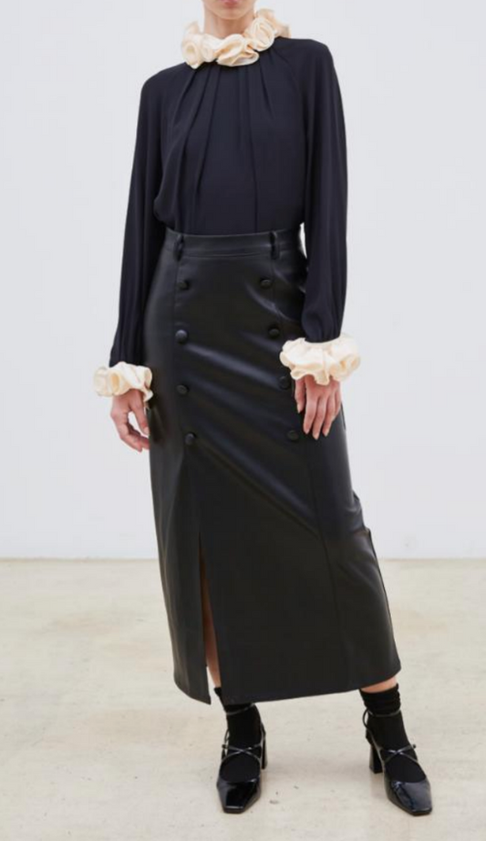 Amelie Maxi Faux Leather Skirt with Button Details - Black