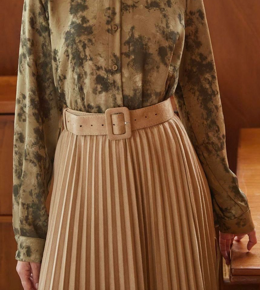 Bella Beige Belted Pleated Skirt