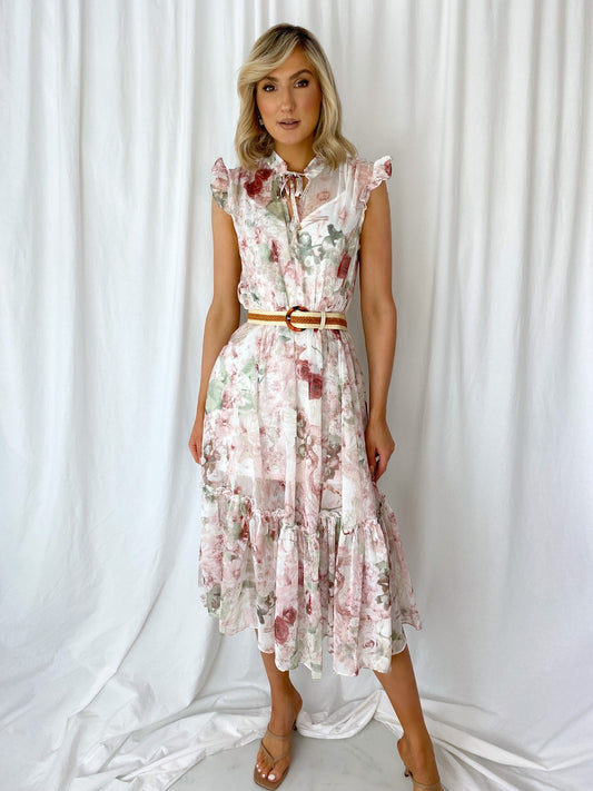 Ross Sleeveless Floral Dress - Beige
