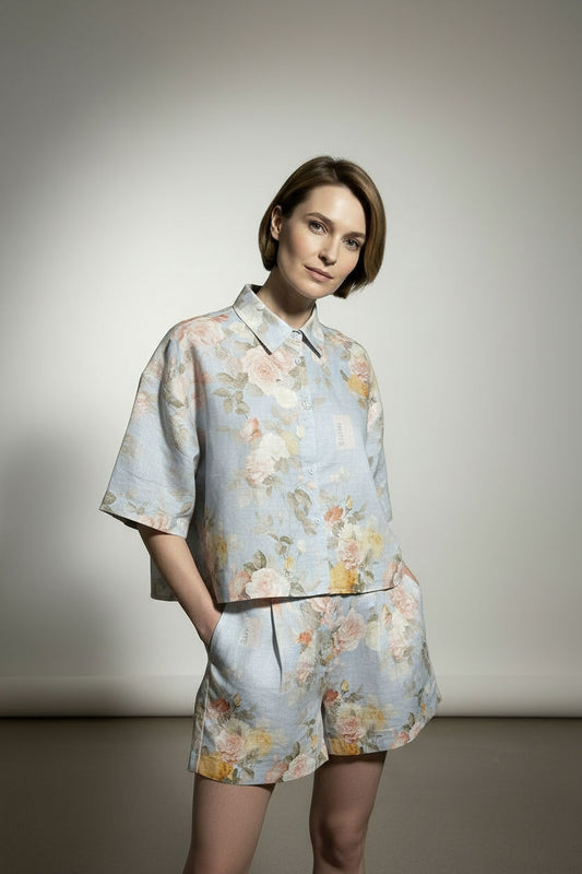 Lunna Linen Cropped Shirt - Light Blue