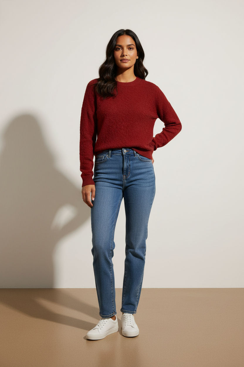 Rob Long Sleeved Pattern Knit Top - Red