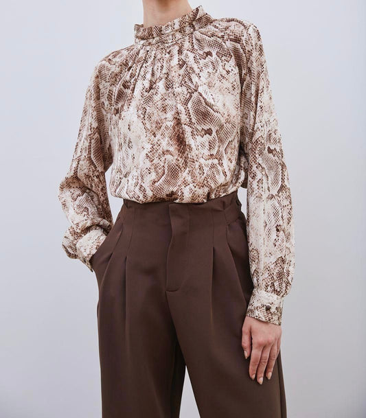 Orla Animal Print High Neck Blouse - Brown