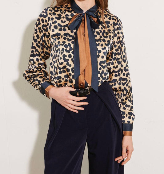 Eimear Animal Print Bowknot Shirt - Black and Brown