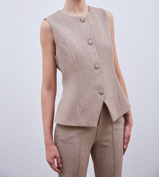 Norma Button Up Waistcoat - Taupe