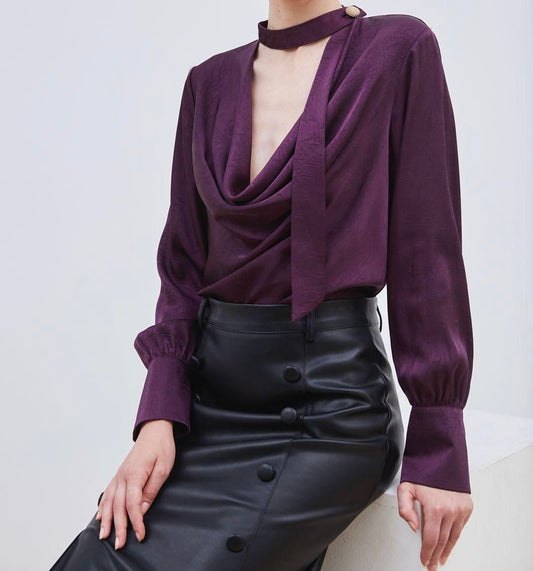 Tessy Elegant Choker Cowl Neck Puffy Sleeve Blouse - Plum