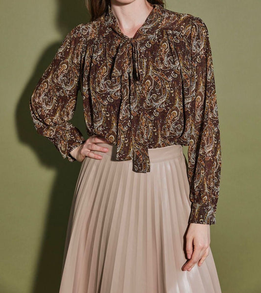 Suzanne Printed Bowknot Shirt - Brown