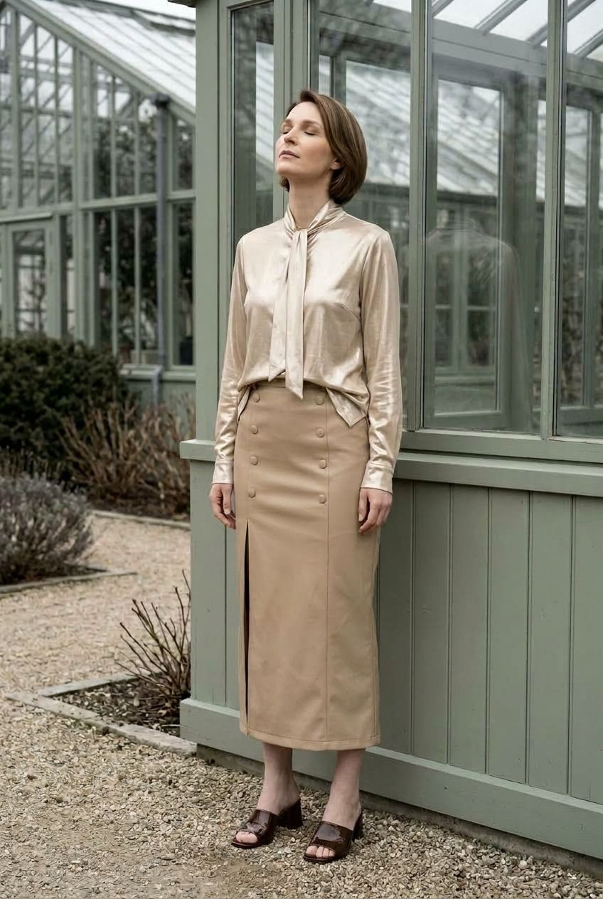 Amelie Maxi Faux Leather Skirt with Button Details - Taupe