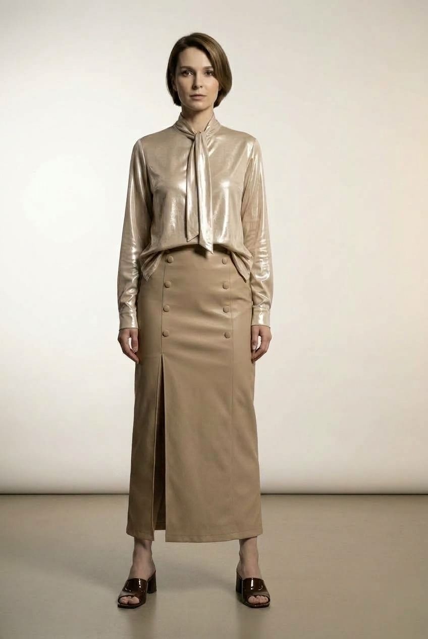Amelie Maxi Faux Leather Skirt with Button Details - Taupe