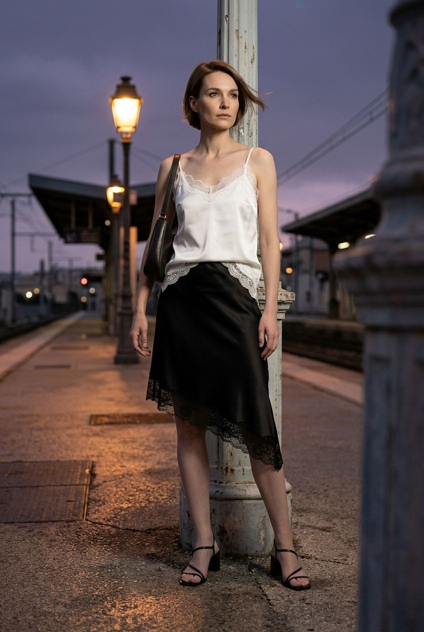 Aisling asymmetric Satin Skirt with Lace - Black