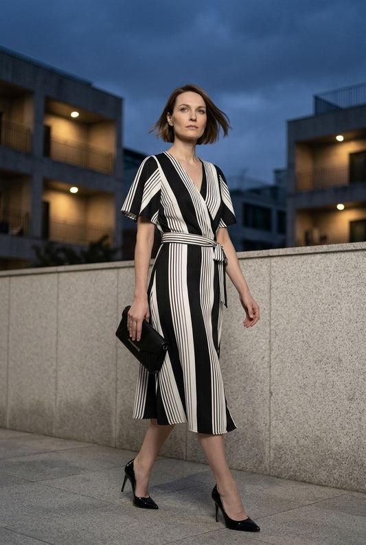 Vivian Striped Midi Dress - Black and White