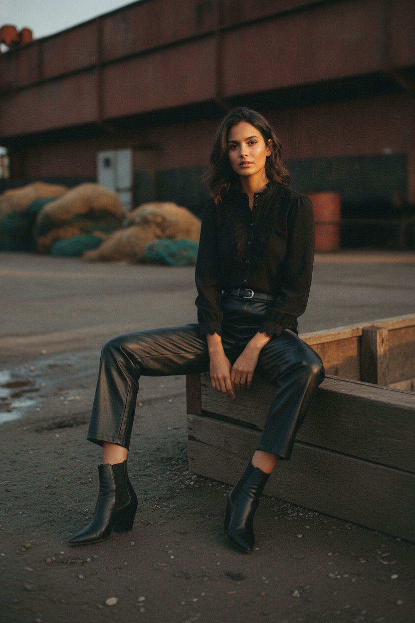 Sarah Button Down Blouse with Broderie Detail - Black